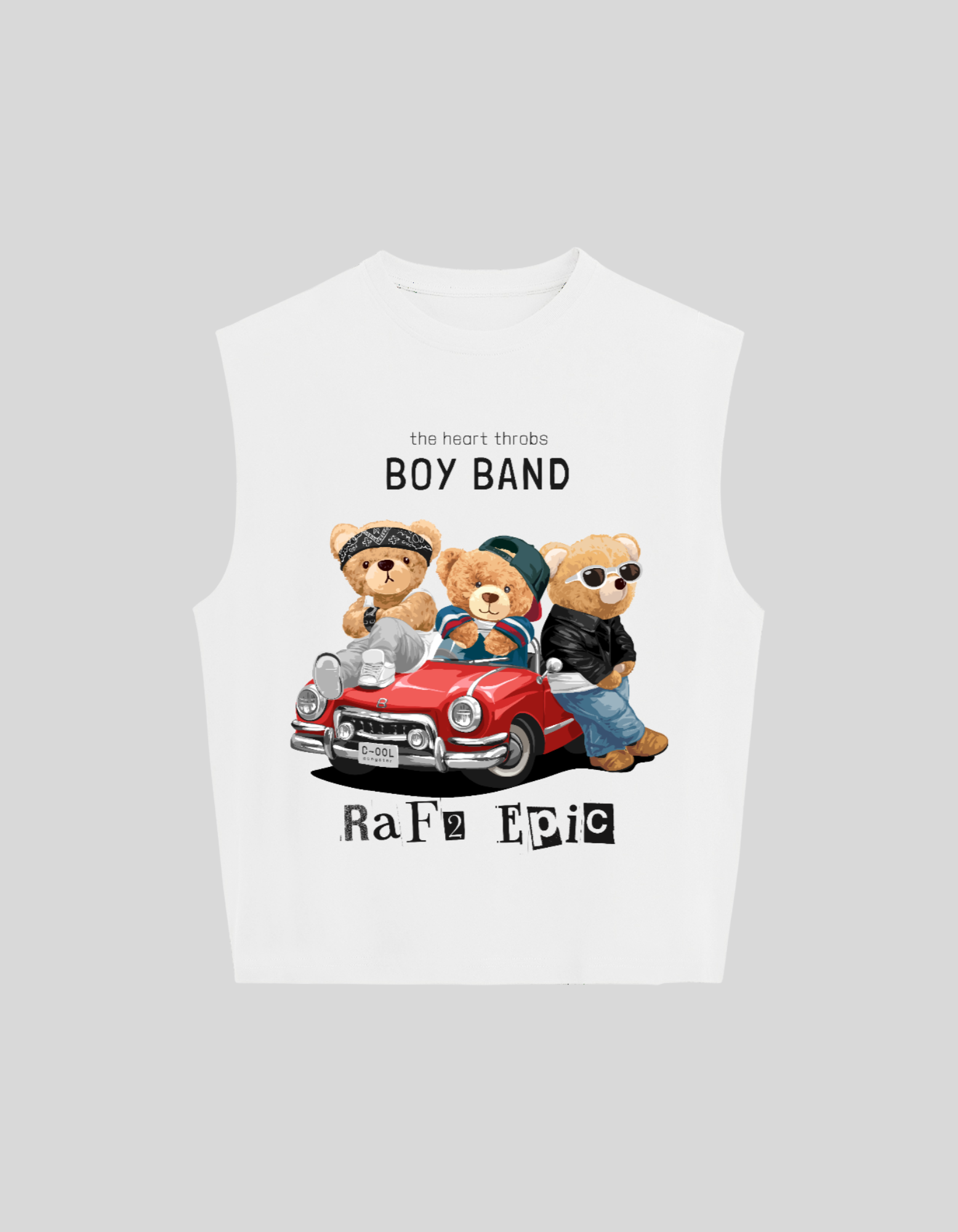 Camiseta tank top blanca con estampado de osos estilo boy band sobre coche rojo y logo Raf2 Epic en el frente