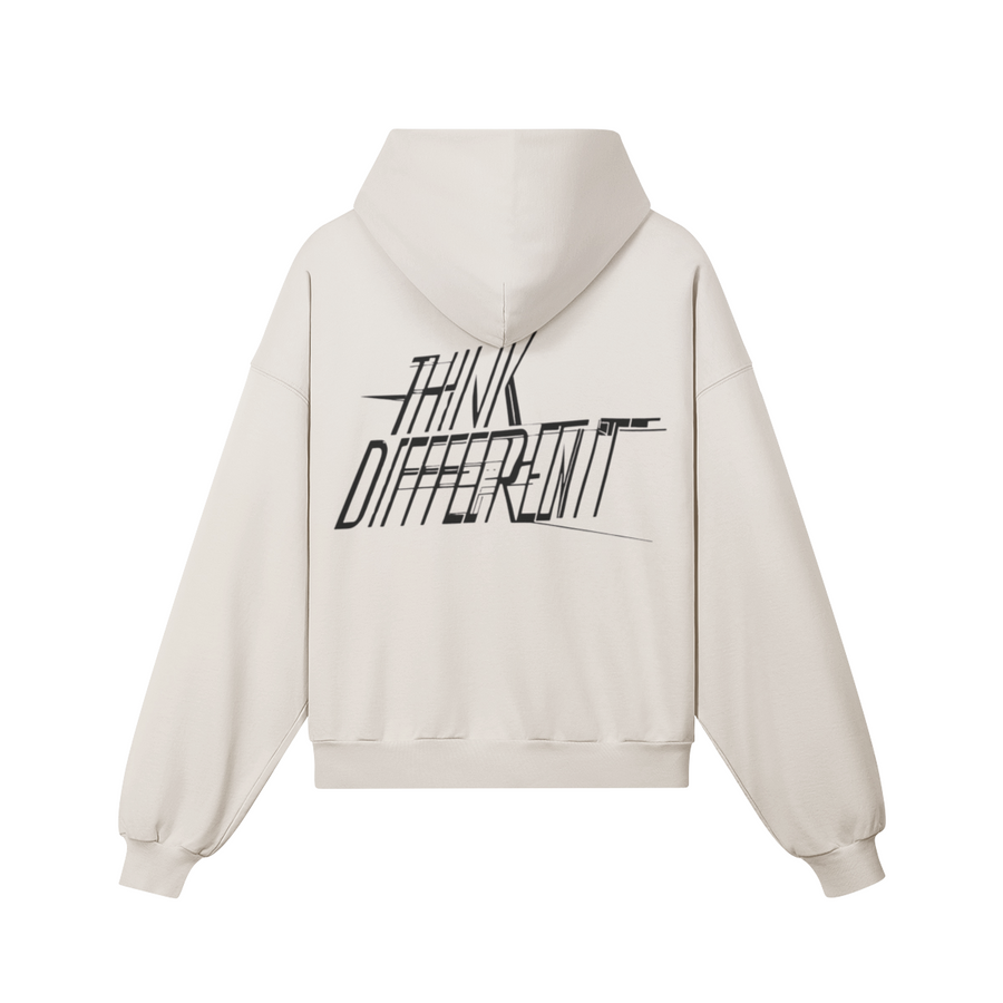 Sudadera retro color beige con diseño "Think Different" impreso en la espalda