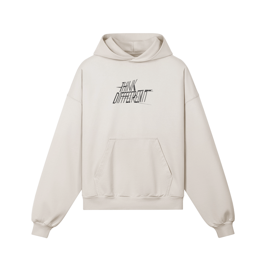 Sudadera retro beige con estampado frontal "Think Different" y bolsillo tipo canguro