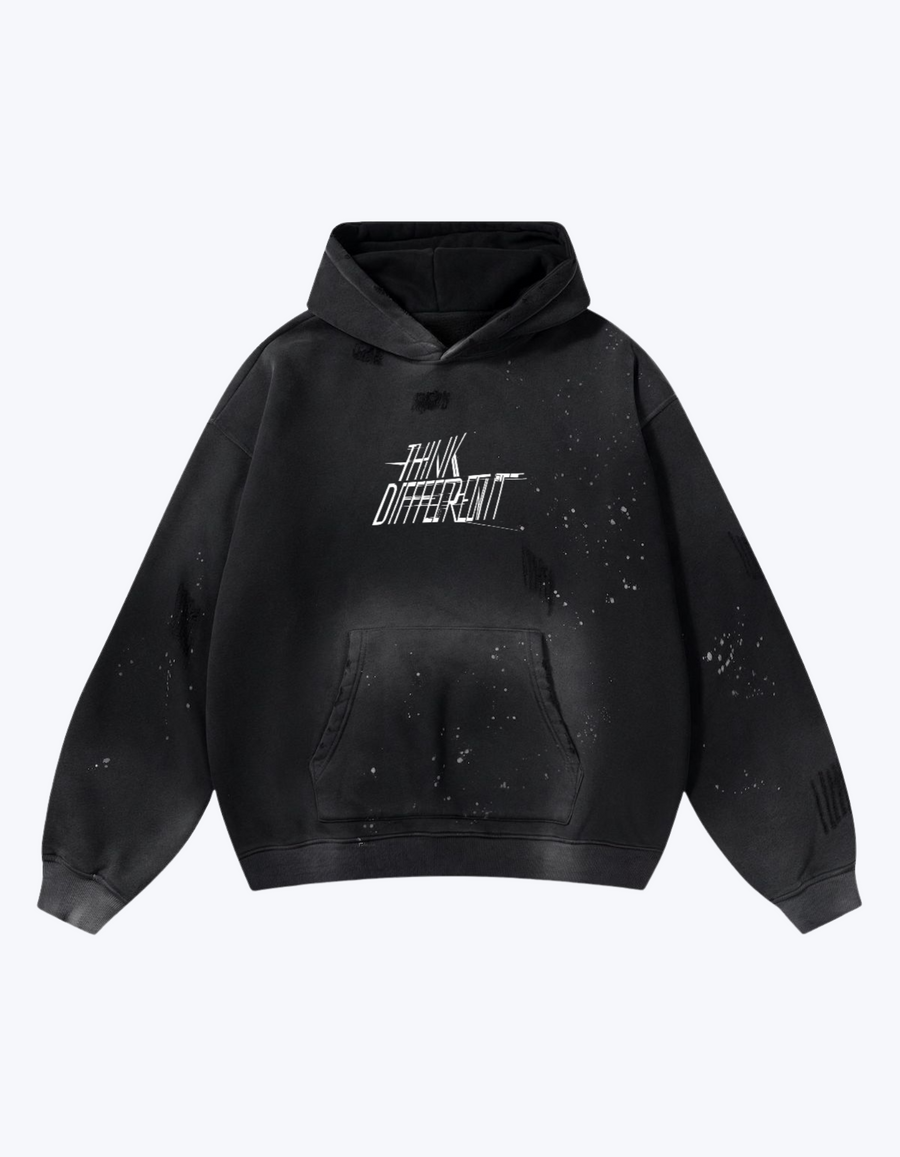 Sudadera vintage negra con capucha y mensaje Think Different en el pecho
